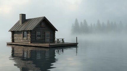 Fototapeta premium 3D cabin model with wooden logs, placed in a serene lake setting with mist rising in the background