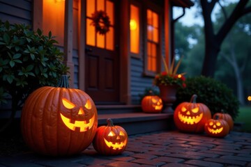 Obraz premium Flickering jack-o-lanterns on porch, seasonal decor, autumn