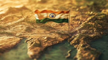 A vibrant Indian flag waving over a detailed topographic map, symbolizing national pride and unity