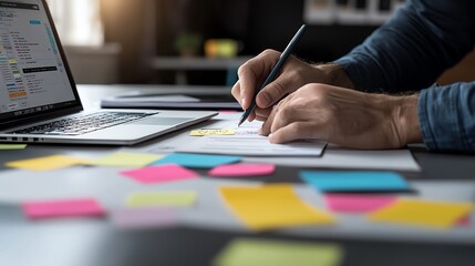 software engineer testing a new prototype in a conference with LED screens, with projector showing graphs, confident and collaborative vibe