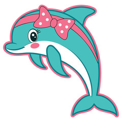Cartoon Turquoise Dolphin with Pink Polka Dot Bow and Outline Leaping on White