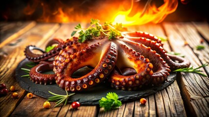 Grilled Octopus with Flames on Wooden Table