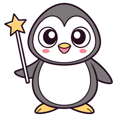 Cute Penguin Cartoon Character With Star Wand, Smiling, Isolated on White, Animal