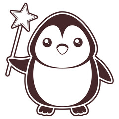 Obraz premium Outline Penguin Holding Star Wand, Cute Character, Cartoon Mascot, Minimalist Line Art