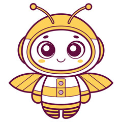 Cute Cartoon Bee Character, Isolated on White Background, Yellow & Purple Outline Style