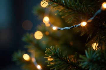 Fototapeta premium Close-up of a blurred, shiny string of fairy lights wrapping around a Christmas tree branch , colorful baubles, tree lighting, sparkly lights