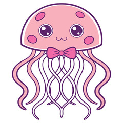 Cute Pink Jellyfish Cartoon Character with Bow Tie Isolated on White Background