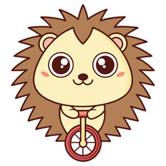 Cute Stylized Hedgehog Cartoon with Big Eyes Riding Red Unicycle on White BG