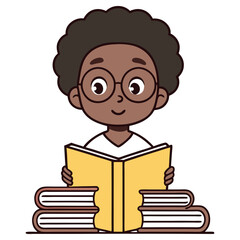 Cheerful AfricanAmerican Boy with Glasses Reading Book Stack Icon