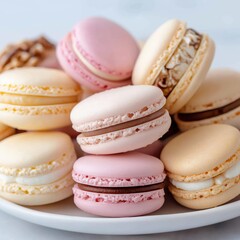 Fototapeta premium Colorful macarons in pastel shades arranged on a plate for a delightful dessert experience
