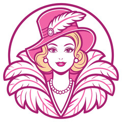 Woman in Pink Hat with Feather Plume. Elegant Lady in Circular Frame