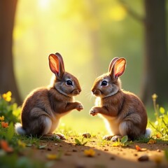 Fototapeta premium Cottontail rabbits playing with fallen branches, forest, forest floor