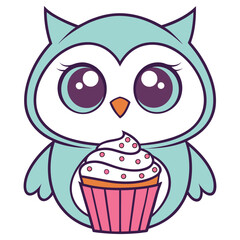 Cartoonish Owl Holding Cupcake with Sprinkles, Teal and Pink Colors, Whimsical Style