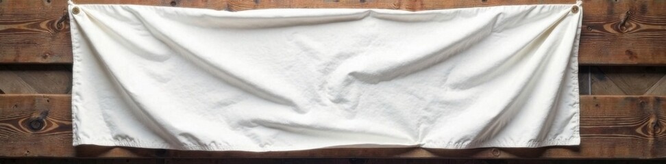 Obraz premium Crumpled white fabric banner draped over a wooden beam , wood, banner, texture