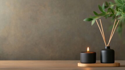 Elegant arrangement of a burning candle and a reed diffuser on a wooden surface with a blurred green foliage background for a serene atmosphere