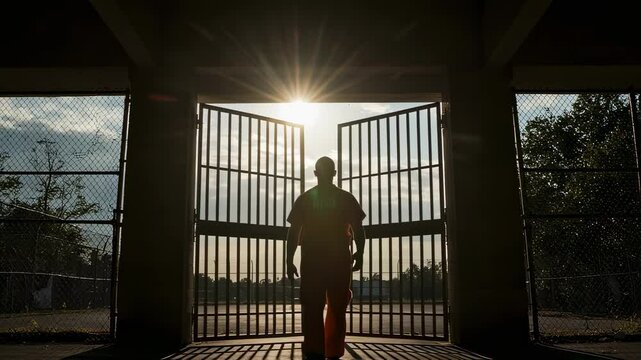 Man in orange prison uniform walks through open gates at sunrise, symbolizing freedom and a new beginning