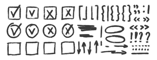 Check marks, arrow doodle set. Charcoal underlines, quotation marks, brackets and signs. Scribble sketch pencil emphasis note highlights. Vector hand drawn illustration isolated on white background.
