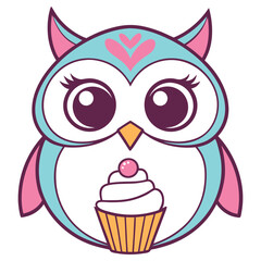 Cartoon Owl Holding Cupcake with Cherry Topping Isolated on White Background