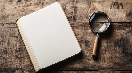 Blank notebook and magnifying glass on rustic wooden surface, suggesting research, investigation, or discovery, ideal for educational or detective concepts