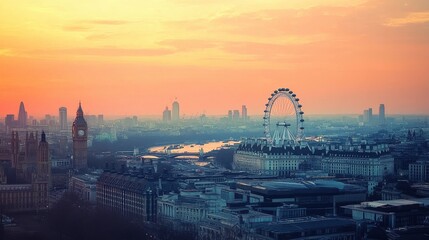 London Skyline at Sunset: Iconic Landmarks and Golden Hues