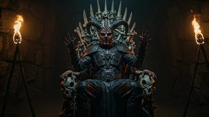 Dark horned demon in armor sits on massive bone throne surrounded by torch flames in a dim stone chamber - Powered by Adobe