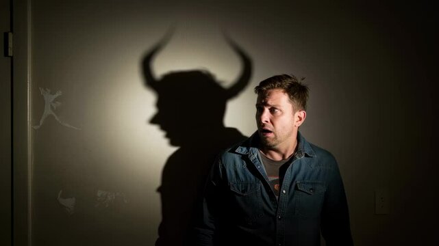 Man in denim jacket stares in horror at wall where his shadow forms into a horned demon figure