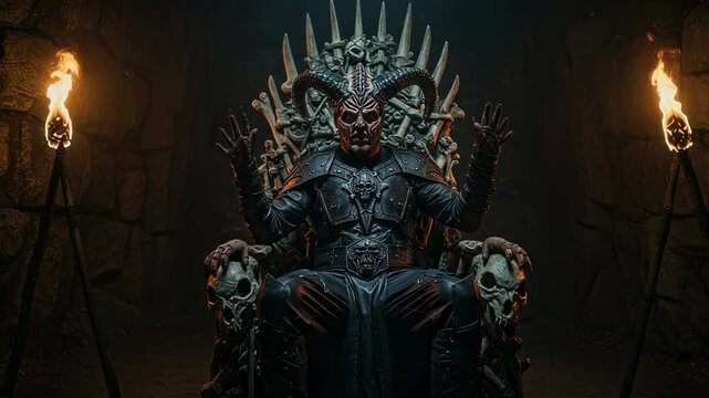 Dark horned demon in armor sits on massive bone throne surrounded by torch flames in a dim stone chamber