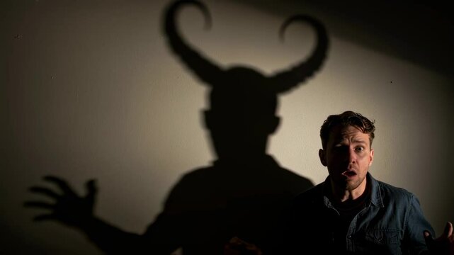 Man stands in front of wall while large horned demon shadow looms behind him, symbolizing demonic influence and inner fears