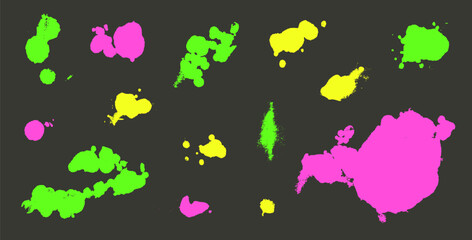 Paint spray splatters set. Grunge graffiti splashes and drips pack. Ink spots and blob shapes. Collage smudge spill. Bold colors liquid spatter silhouette. Vector hand drawn collection illustration.