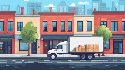 Fototapeta premium A white delivery truck loaded with cardboard boxes parked on a city street, next to brick buildings.