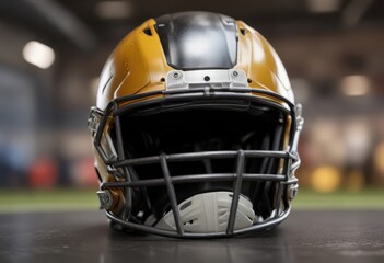 Fototapeta premium Football helmet in focus with blurred background, crowd, athletic