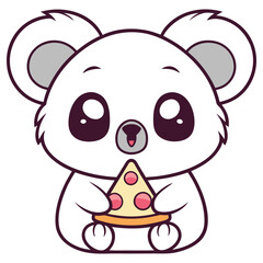Cute Kawaii Polar Bear Cartoon Character Holding a Slice of Pizza with Round Eyes