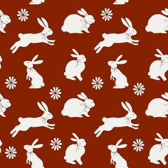 Minimalist seamless Easter pattern with white rabbit, bunny silhouettes on a warm Mocha Mousse background. For fabric, packaging with seam. Easterstide wallpaper
