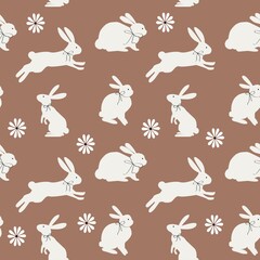 Minimalist seamless Easter pattern with white rabbit, bunny silhouettes on a warm Mocha Mousse background. For fabric, packaging with seam. Easterstide wallpaper