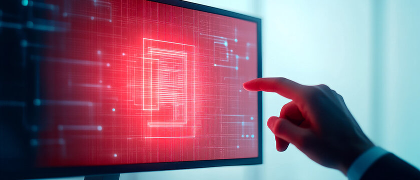 A hand interacts with a digital interface displaying a vibrant red grid, suggesting technology, data visualization, or cybersecurity themes.