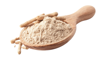 Ashwagandha powder pile in wooden spoon isolated on white background