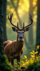 Deer's head in the forest with trees and sunlight filtering through, outdoors, nature