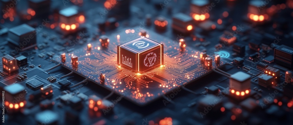 Poster a glowing cube-shaped microchip at the center of an intricate circuit board surrounded by illuminate