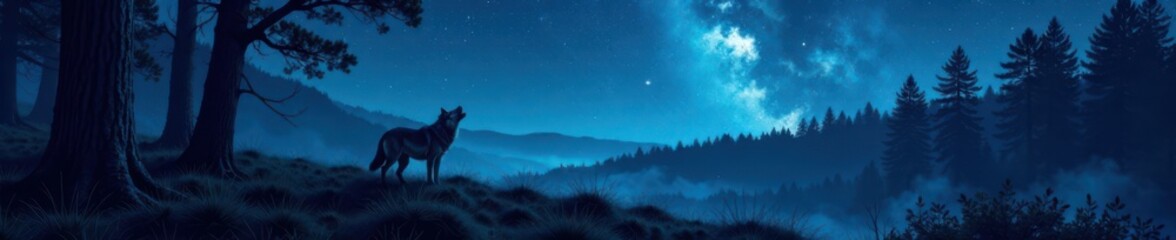 Dense forest under starry night sky with howling wolf in distance, wildlife, night