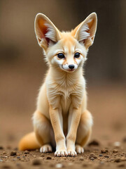 Obraz premium A fennec fox with light brown fur and large ears sitting upright, looking directly at the viewer, with a blurred brown background
