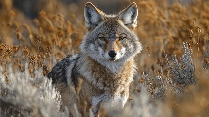 Fototapeta premium Coyotes in the wild, staring intensely at the camera.