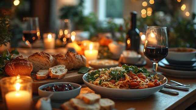 Cozy family dinner table, candlelit ambiance, pasta and bread, festive holiday background