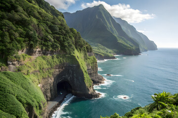 A stunning, hyper-realistic landscape featuring a steep, lush green cliff with dense vegetation. A sea cave is carved into the rocky base by the waves, while a majestic mountain looms in the distance.
