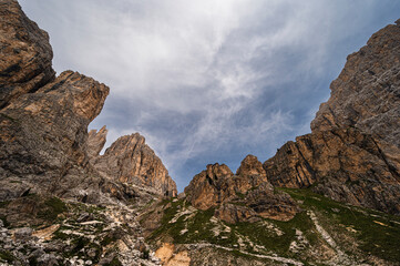 nature sceneries on the trail inside the Catinaccio mointain range, Vico di Fassa, Val di Fassa, Dolomites, Italy