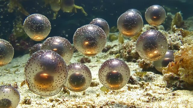 Floating jellyfish larvae captured underwater in a vibrant marine environment near a coral reef
