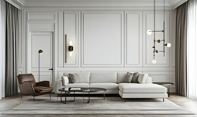 Fototapeta premium 2..3D Rendering, Empty Wall Mockup, Living Room Mock Up in Scandinavian Style, Minimalist Modern Living Room Interior Background