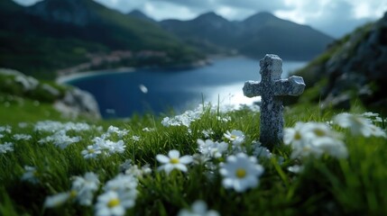 A simple stone cross amidst a field of wildflowers overlooks a serene bay nestled between mountains