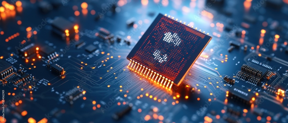 Poster close-up view of glowing home icon on computer microchip situated on intricate circuit board with il