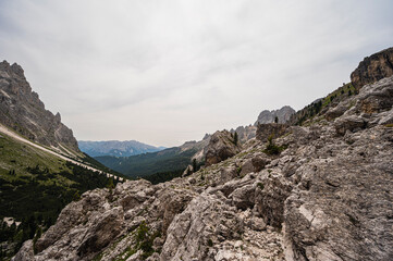 nature sceneries on the trail inside the Catinaccio mointain range, Vico di Fassa, Val di Fassa, Dolomites, Italy