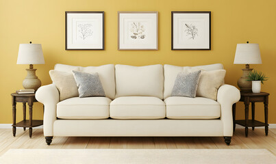 2..3D Rendering, Empty Wall Mockup, Living Room Mock Up in Scandinavian Style, Minimalist Modern Living Room Interior Background